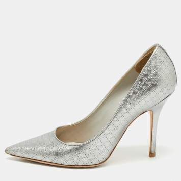 Pre Owned Dior Silver Micro Cannage Leather Cherie Pumps Size 37