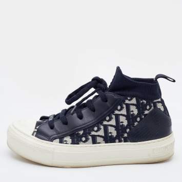 Pre Owned Dior Blue Knit Fabric and Leather Walk'n'Dior High Top Sneakers Size 35.5