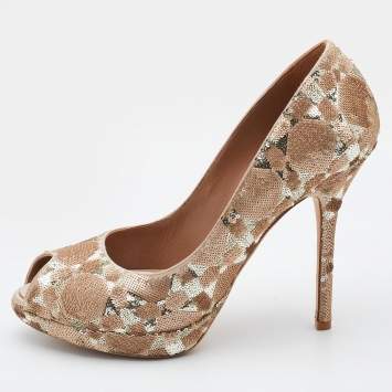 Pre Owned Christian Dior Gold/Bronze Sequin Embellished Satin Peep Toe Platform Pumps Size 37.5