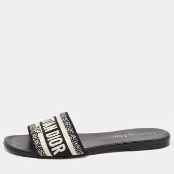 Pre Owned Dior White/Black Canvas Dway Slide Flats Size 37