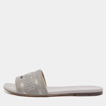 Pre Owned Dior Metal Grey Canvas Dway Flat Slide Sandals Size 36