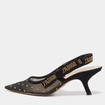 Pre Owned Dior Black/Gold Plumetis Mesh J'adior Slingback Pumps Size 39.5