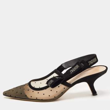 Pre Owned Dior Black/Beige Polka Dot Mesh and Suede J'adior Slingback Pumps Size 42