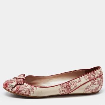 Pre Owned Dior Burgundy/Beige Toile De Jouy Canvas Bow Ballet Flats Size 40