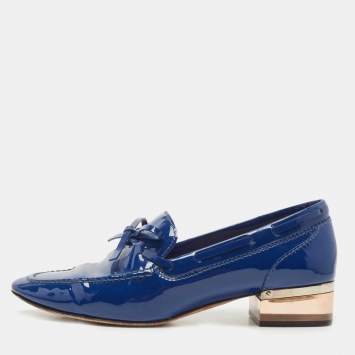 Pre Owned Dior Blue Patent Leather Bow Loafer Pumps Size 36