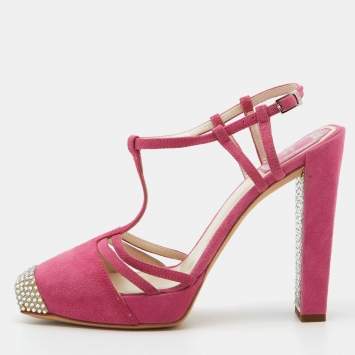Pre Owned Dior Pink Suede Crystal Embellished Cap Toe Ankle Strap Pumps Size 38