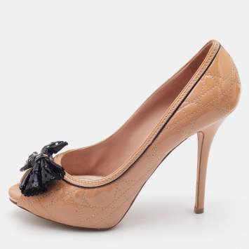 Pre Owned Dior Beige Cannage Patent Leather Bow Peep Toe Pumps Size 40.5