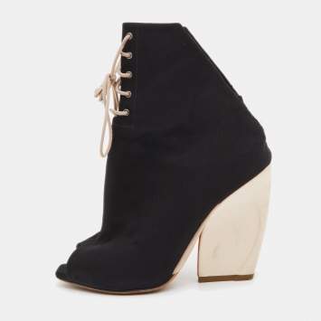 Pre Owned Dior Black Canvas Open Toe Lace Up Ankle Booties Size 37.5