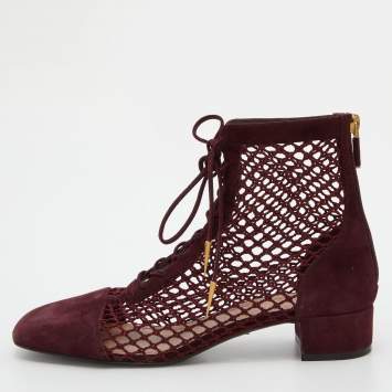 Pre Owned Dior Burgundy Suede and Fishnet Naughtily-D Ankle Boots Size 38