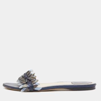 Pre Owned Dior Metallic Blue Leather Flat Slides Size 39