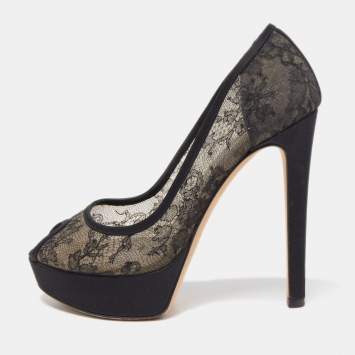 Pre Owned Dior Black Lace and Satin Peep Toe Platform Pumps Size 37