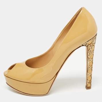 Pre Owned Christian Dior Beige Patent Leather Peep Toe Platform Pumps Size 39