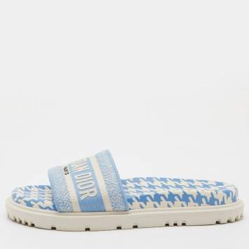 Pre Owned Dior Blue/White Canvas Dway Flat Slides Size 38