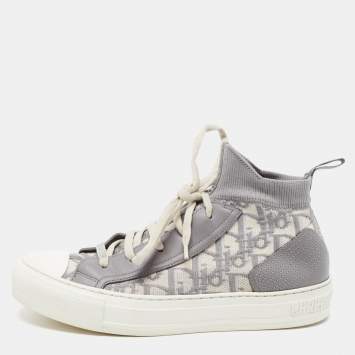 Dior Grey/White Leather and Oblique Knit Fabric Walk'n'Dior High Top Sneakers Size 38