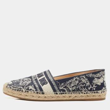 Pre Owned Dior Navy Blue/White Embroidered Canvas Granville Espadrille Flats Size 40