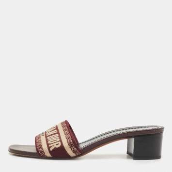 Pre Owned Dior Burgundy/Cream Embroidered Canvas Dway Slide Sandals Size 38