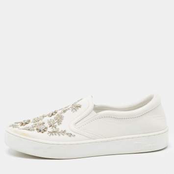 Pre Owned Dior White Leather and Canvas Crystal Embellished Slip On Sneakers Size 39