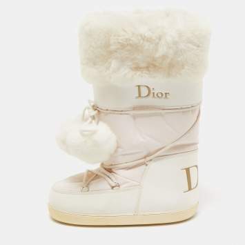 Pre Owned Dior  White Leather and Shearling Snow Boots Size 38-40 