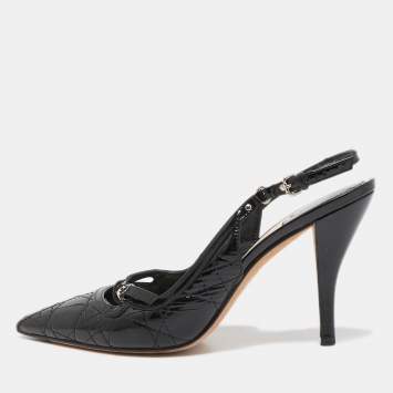 Pre Owned Dior Black Cannage Patent and Leather Bow CD Logo Slingback Pumps Size 38