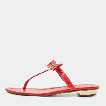 Pre Owned Dior Coral Red Leather Cannage Bow Thong Flats Size 39