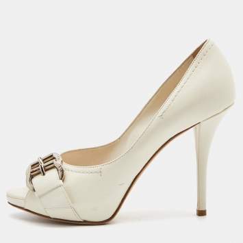 Pre Owned Dior Cream Leather Buckle Peep Toe Platform Pumps Size 39.5
