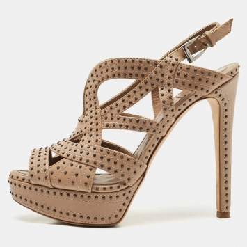 Pre Owned Dior Beige Leather studded Platform Ankle Strap Sandals Size 39.5