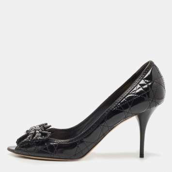 Pre Owned Dior Black Cannage Patent Leather Bow Peep Toe Pumps Size 41.5 