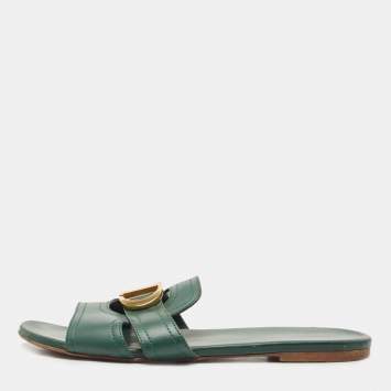Pre Owned Dior Green Leather Montaigne Flat Slides Size 38