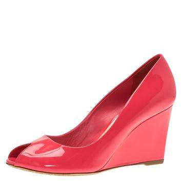 Pre Owned Dior Candy Pink Patent Peep Toe Wedge Pumps Size 38.5