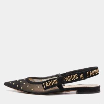Pre Owned Dior Black Mesh and Suede Crystal Embellished J'adior Slingback Flats Size 36