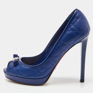 Pre Owned Dior Blue Cannage Leather and Patent Bow Peep Toe Platform Pumps Size 36.5