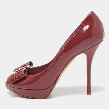 Pre Owned Dior Dark Pink Patent Leather Cannage Cut Out Bow Peep Toe Platform Pumps Size 40.5