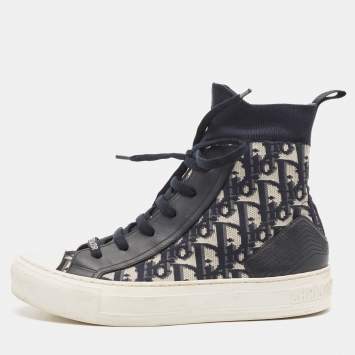 Dior Navy Blue Knit Fabric and Leather Walk'n'Dior High Top Sneakers Size 37.5