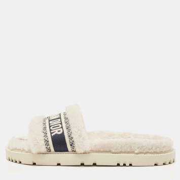 Pre Owned Dior White/Navy Blue Shearling Fur and Logo Canvas Dway Flat Slides Size 38