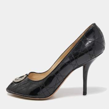 Pre Owned Dior Black Cannage Patent Leather Peep Toe Pumps Size 39.5