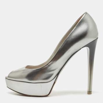 Pre Owned Dior Silver Leather Miss Dior Peep Toe Pumps Size 39