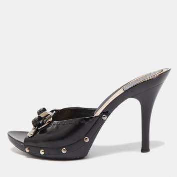 Pre Owned Dior Black Cannage Patent Bow Slide Sandals Size 38.5