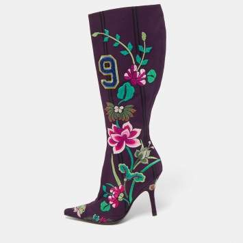 Pre Owned Dior Purple Canvas  Embroidered Floral Knee Length Boots Size 36.5