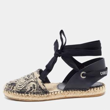 Pre Owned Dior Black/Beige Embroidered Canvas and Leather Ankle Tie Espadrille Flats Size 37.5