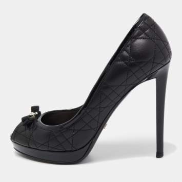 Pre Owned Dior Black Quilted Leather Bow Peep Toe Platform Pumps Size 39