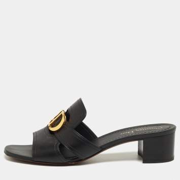 Pre Owned Dior Black Leather 30 Montaigne Block Heel Slide Sandals Size 40.5