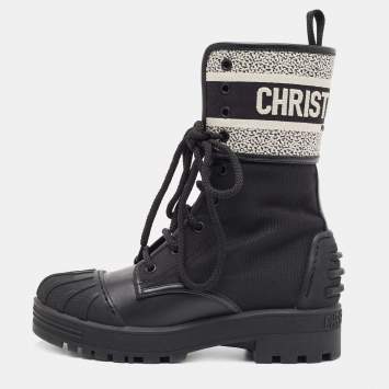 Pre Owned Dior Black Leather and Canvas D-major Ankle Boots Size 35