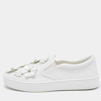 Pre Owned Dior White Leather Floral Crystal Embellished Slip On Sneakers Size 37