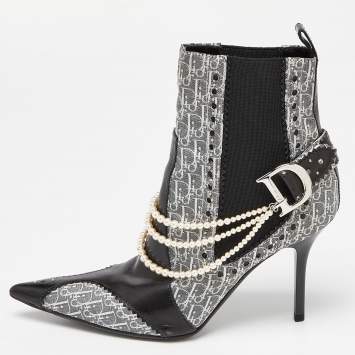 Pre Owned Dior Black/Grey Oblique Canvas and Leather Pearl Embellishment Ankle Boots Size 36.5