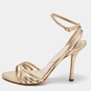 Pre Owned Dior Metallic Gold Leather Ankle Strap Sandals Size 37