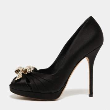Pre Owned Dior Black Satin Crystal Embellished Peep Toe Platform Pumps Size 37
