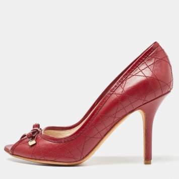 Pre Owned Dior Red Cannage Leather Bow Peep Toe Pumps Size 37