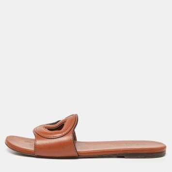 Pre Owned Dior Tan Leather D-Club Flat Slides Size 37