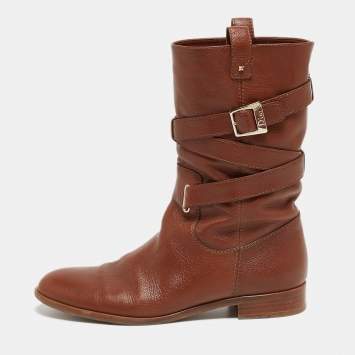 Pre Owned Dior Brown Leather Buckle Midcalf Boots Size 39.5