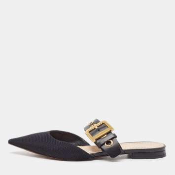 Pre Owned Dior Black Canvas and Leather D-Dior Flat Mules Size 38.5